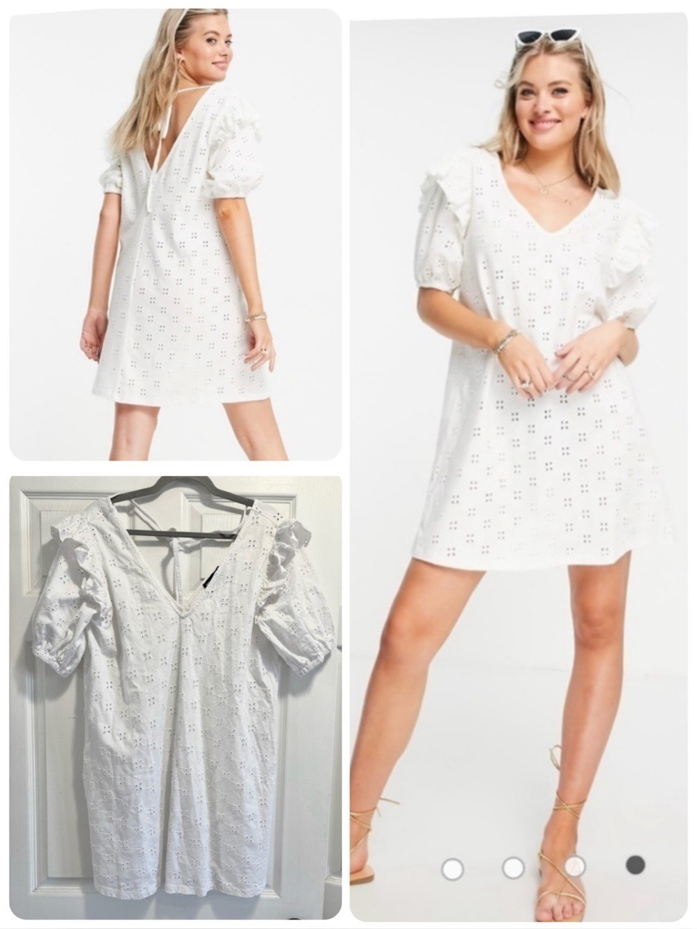 ASOS DESIGN Broderie V Neck Embroidered Mini Dress White Ruffles Size 8